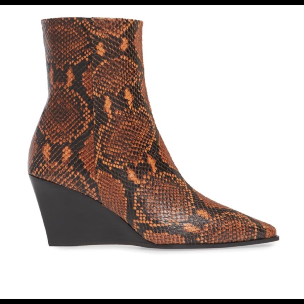 AEYDE LENA SNAKE PRINT WEDGE LEATHER BOOTIES
